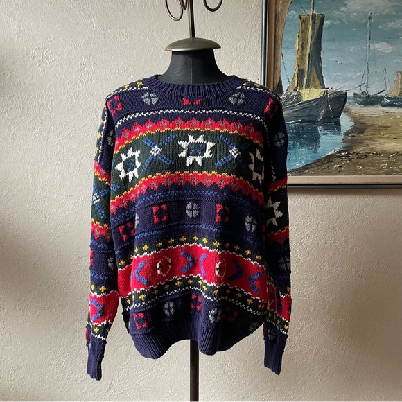 Vintage 90s hand knit colourful 100% cotton GAP crew neck sweater size large - Picture 5 of 14